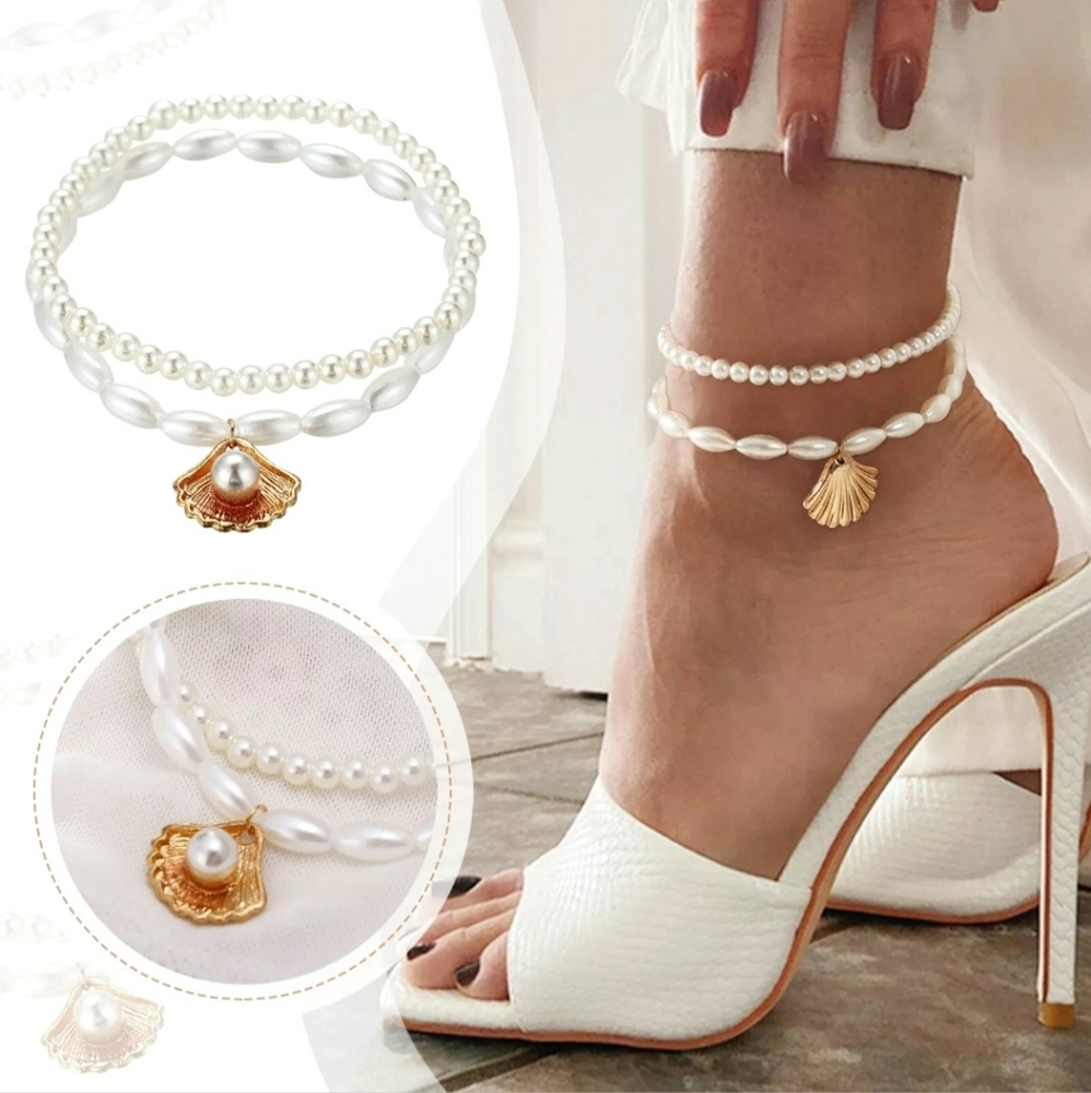 Gold Shell White Pearl Beaded Layered Pearls Stretchy Ankle Bracelet Anklet